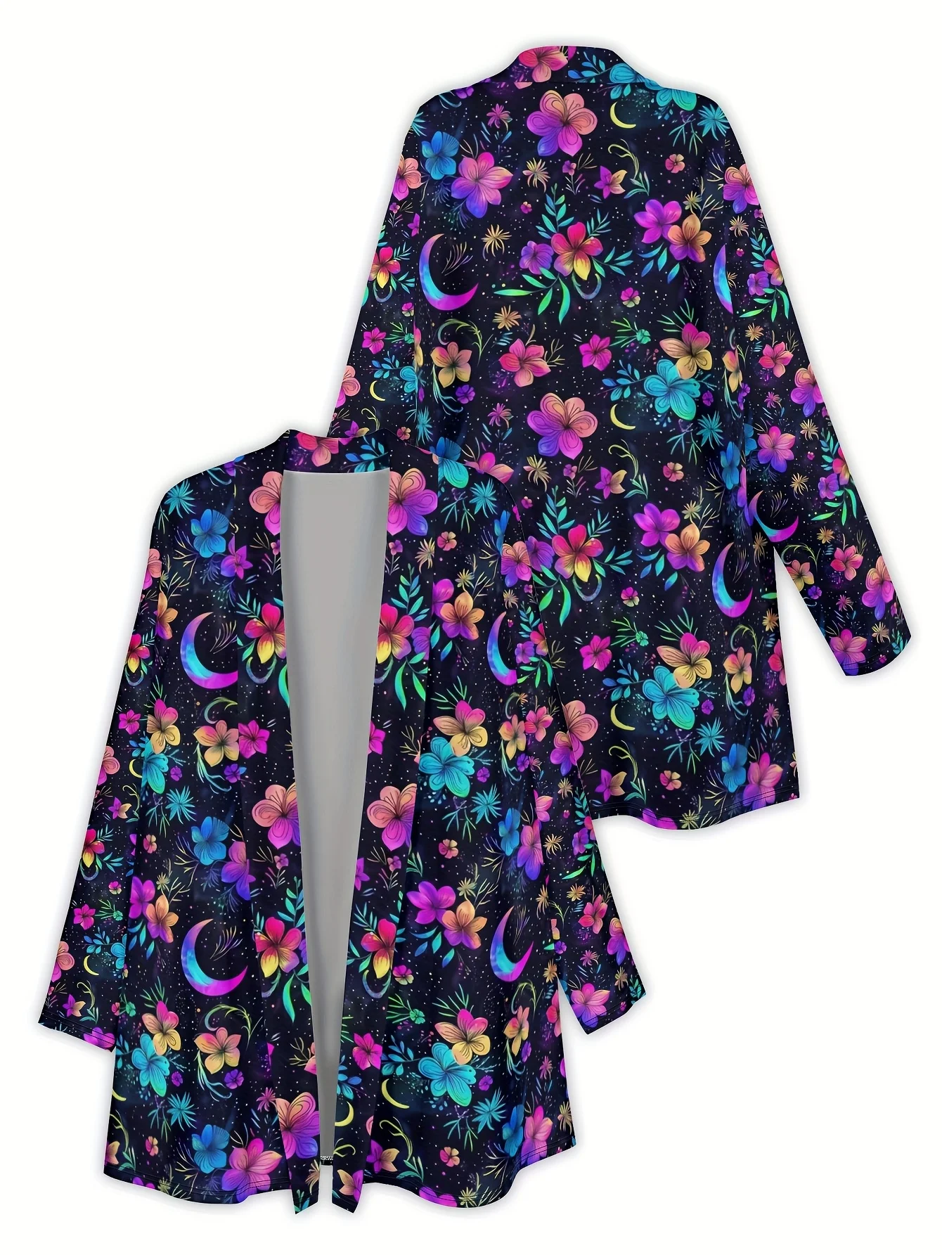 패션 여성용 3D 프린트 네온 꽃 긴 소매 카디건, 폴리에스테르 오픈 프론트, 경량 커버업, 봄 가을 캐주얼 코트