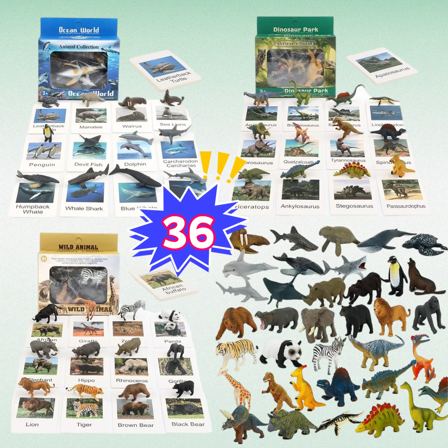 36pcs Small Animal Learning Activities Matching Game Science Toys, Plastic Realistic Dinosaur Zoo Jungle Safari Sea Ocean Animal