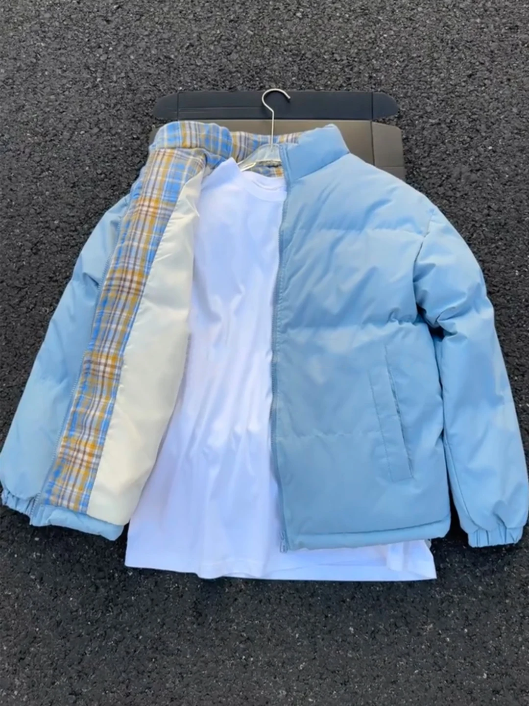 

Themed Blue Plaid Splicing Stand Collar Thiened ort Cotton Jaet Men's Sle Winter Warm Couple's Bread Coat Casual Wear