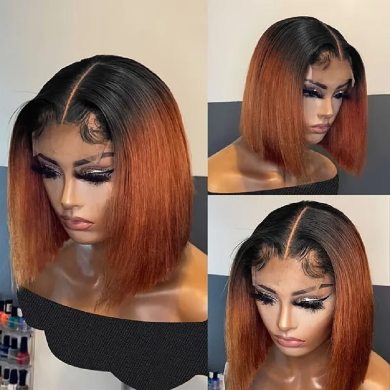 Bob Glueless Soft 180Density 16“ Ombre Orange Brown Straight Lace Front Wig For Women BabyHair Preplucked Heat Resistant Daily