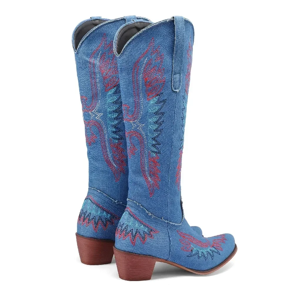 Winter Blue Denim Western Knee High Boots Women Embroidery Wing Black Jeans Block Heel Lady Round Toe Cowgirl Slip-on Half Boots