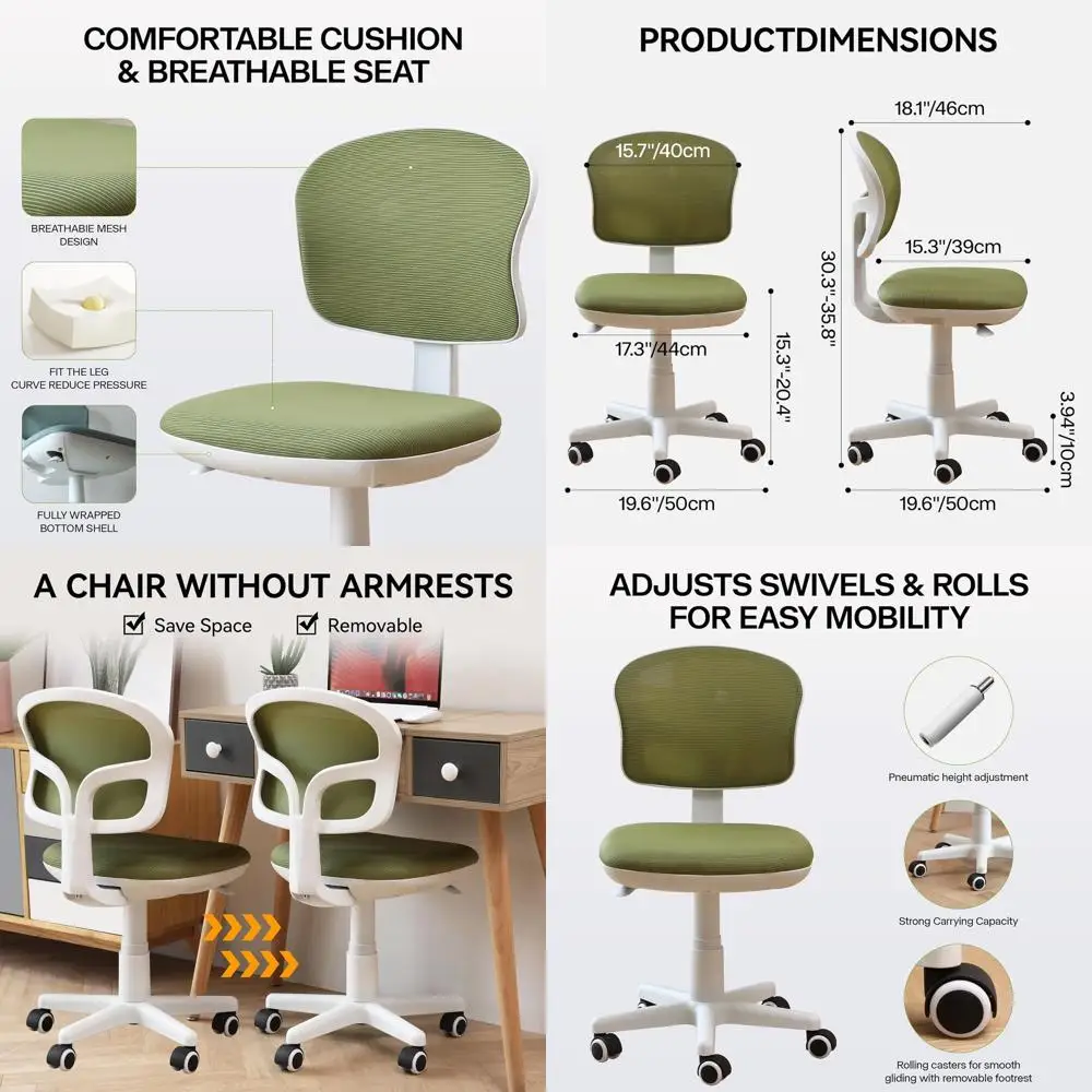 

Ergonomic Swivel Chair for Small Spaces: Adjustable Height, Lumbar Support, Green