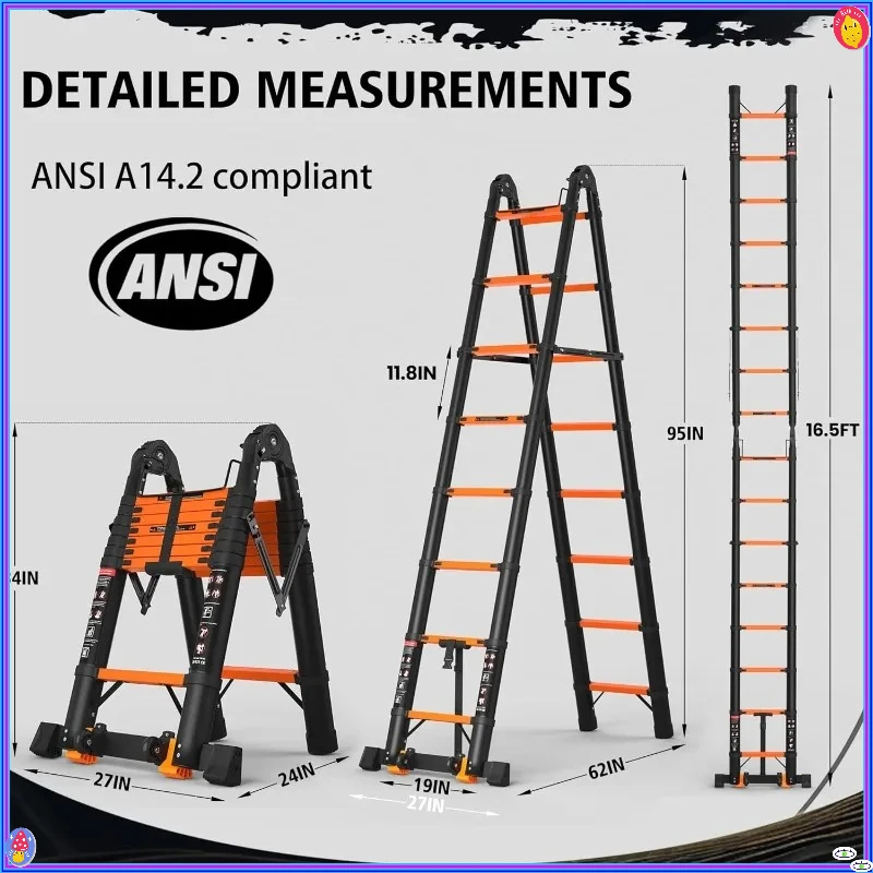 16.5 ft 8-Step Telescopic Ladder - A-Frame, 330 lb, Aluminum, Non-Slip, Retractable, Foldable, Heavy Duty, Telescoping