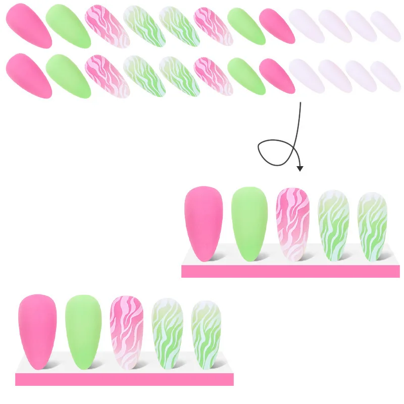 24 Stks/set Nepnagels Levert Verse Groene Rozengolflijnen Verwaarlozen Franse Korte Amandeltips Faux Ongles Drukken Op Valse Nagelset