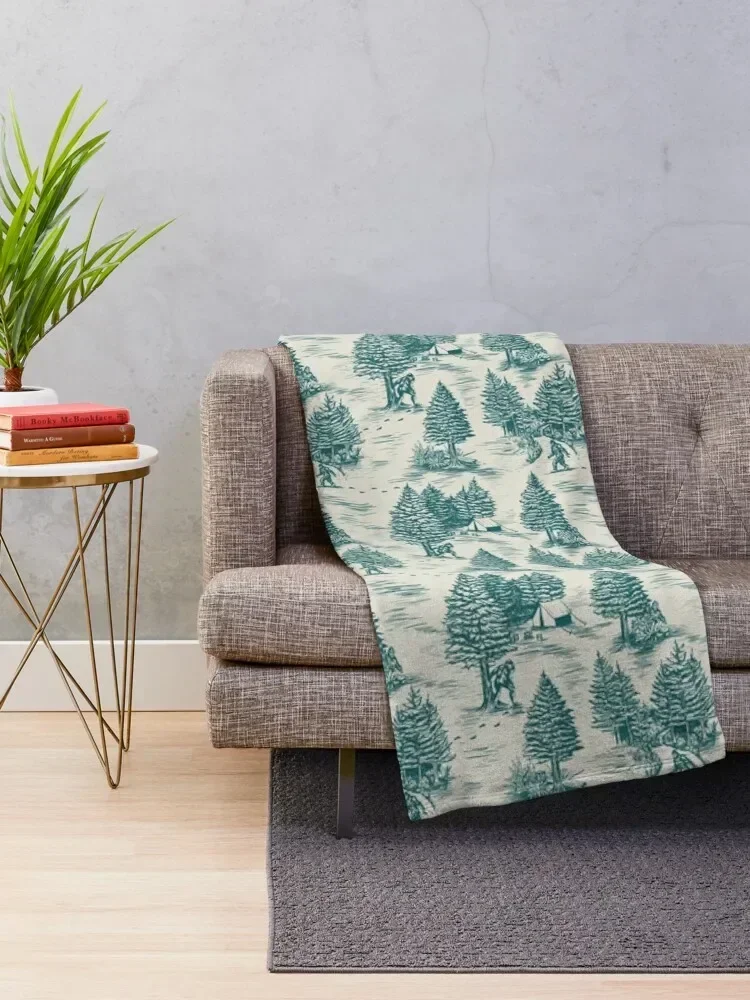 Bigfoot / Sasquatch Toile de Jouy in Teal Throw Blanket Beach Furrys funny gift Blankets