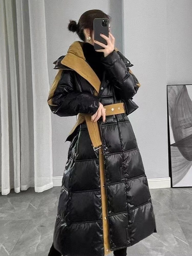 Parkas com capuz grosso emendado para mulheres, casacos retalhos, Sustans casuais, bolsos longos, senhora do escritório, outono, inverno