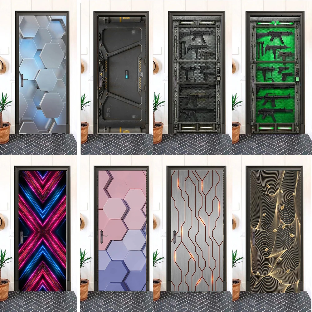 

Modern Tech Style PVC Door Wallpaper, Simulated Weapons, Bedroom Mural Stickers, Living Room and Home