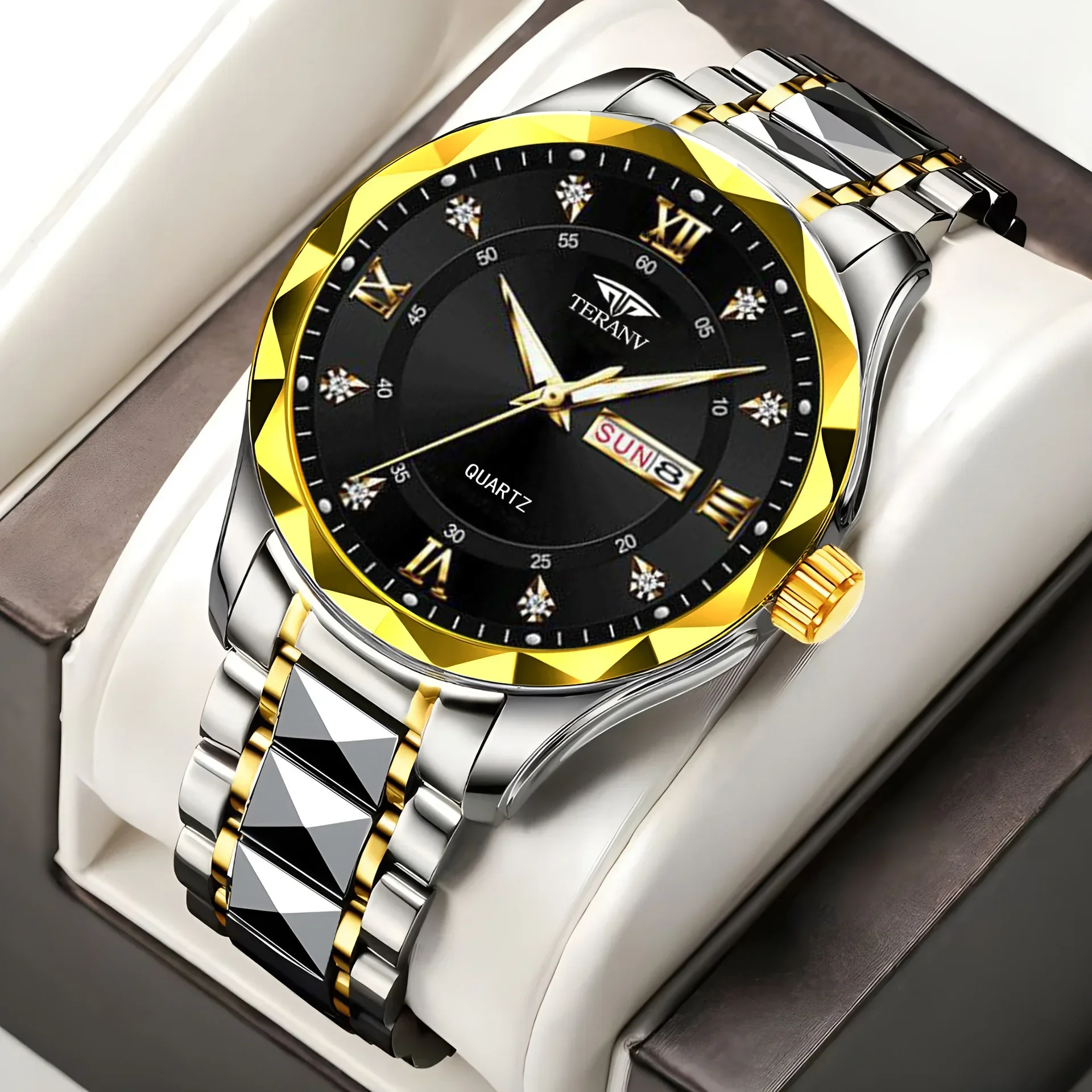 Fashion Watch Men's Calendar Diamond Case Luminous Waterproof Simple Quartz Watch Solid Strap Suitable for Men