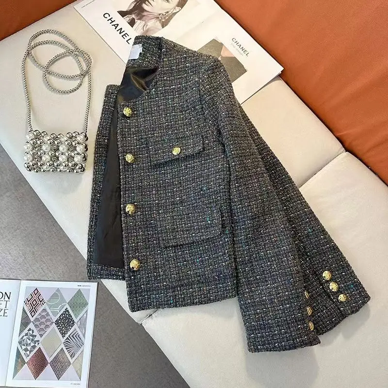 Fragrant Style Short Jacket Women's Spring Autumn Retro Temperament Coarse Tweed Gray Coats