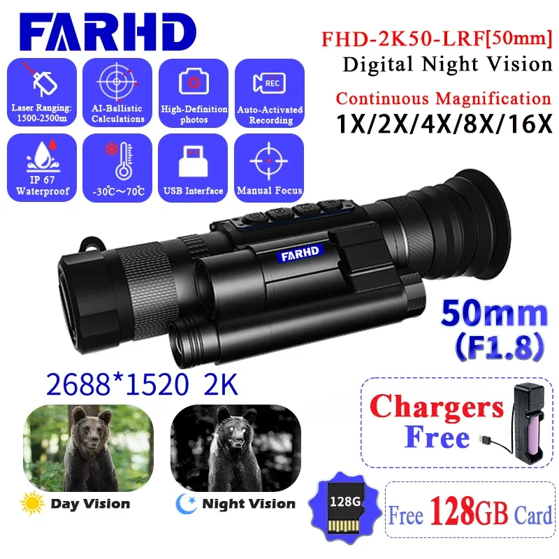 

FHD-2K50-LRF 16X IP67 Waterproof Thermal Night Vision Scope Long Range Finder with AI Ballistic Calculator