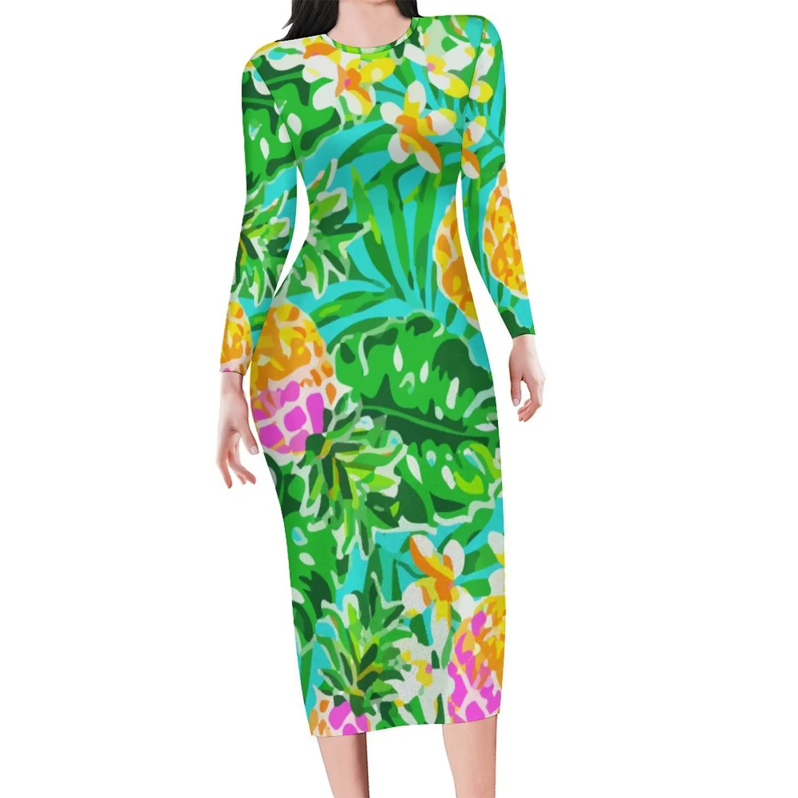 Garden Of Pineapples Dress Long Sleeve Palm Leaves Print Dresses Spring Vintage Bodycon Dress Female Design Oversized Vestidos