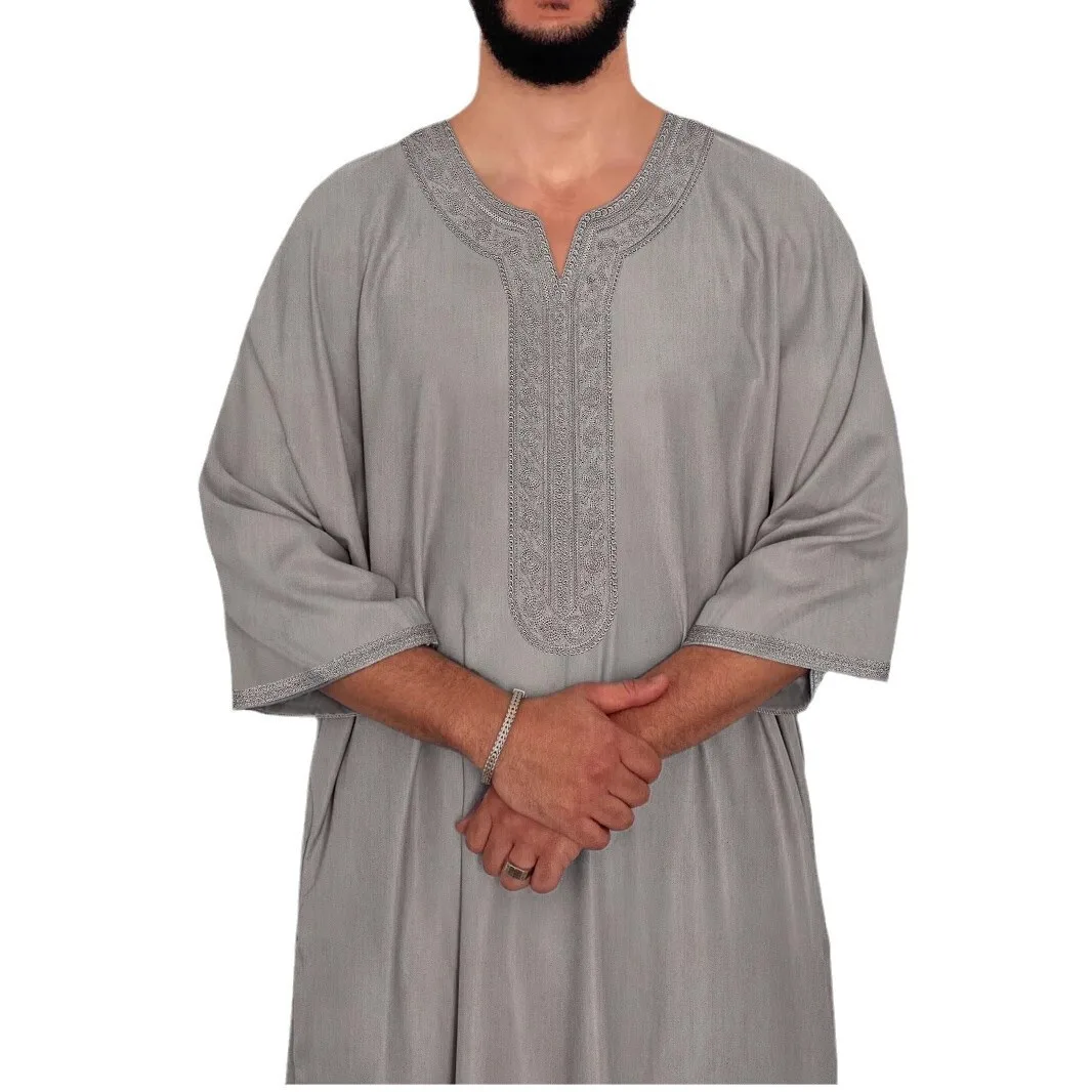 2025 New Men's Clothing Muslim Mid Sleeve Embroidered Robe Ethnic Style Moroccan Robe Abaya Ramadan Dubai Luxury Islam Elegant