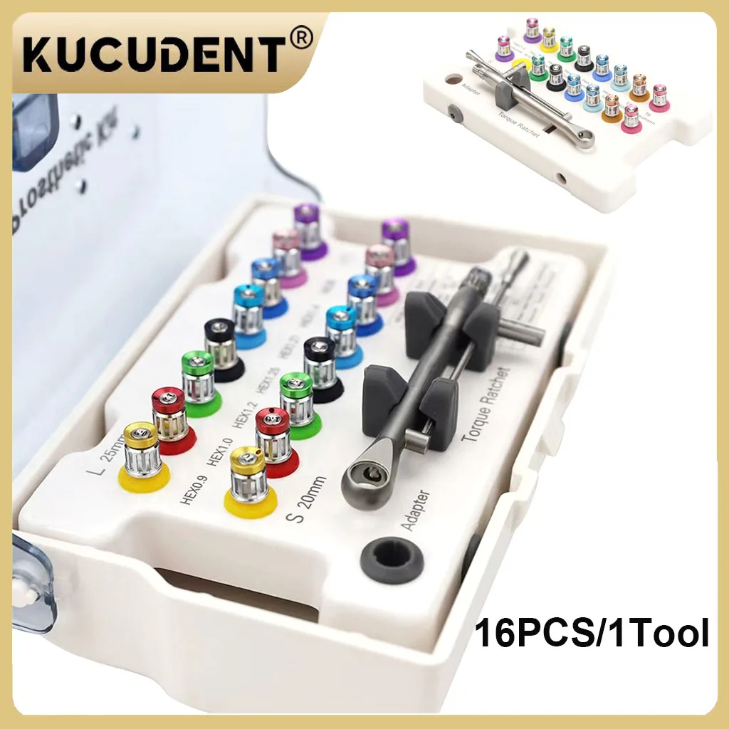 KUCUDENT Dental Implant Torque Wrench Ratchet 10-70Ncm with 16Pcs Screwdriver Color Coded Universal Restoration Tools Kit Set