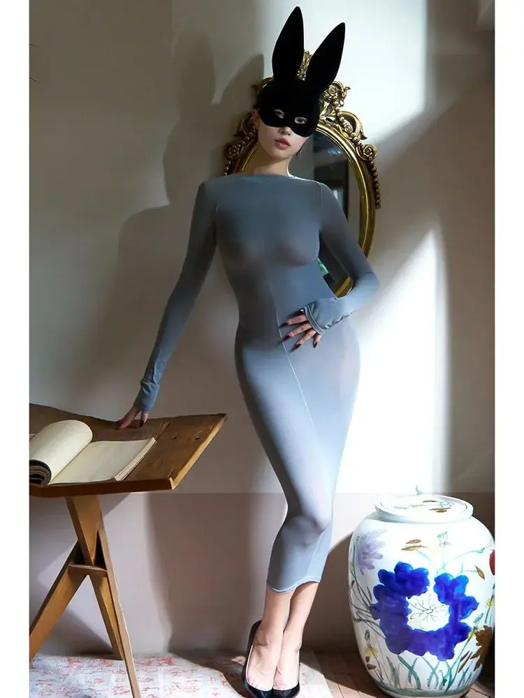 Long Sleeve 120D Matt Nylon Midi Dress Tights Package Hip Dresses Bodystocking Transparent Sexy Vestido Lingerie Clubwear Jupe