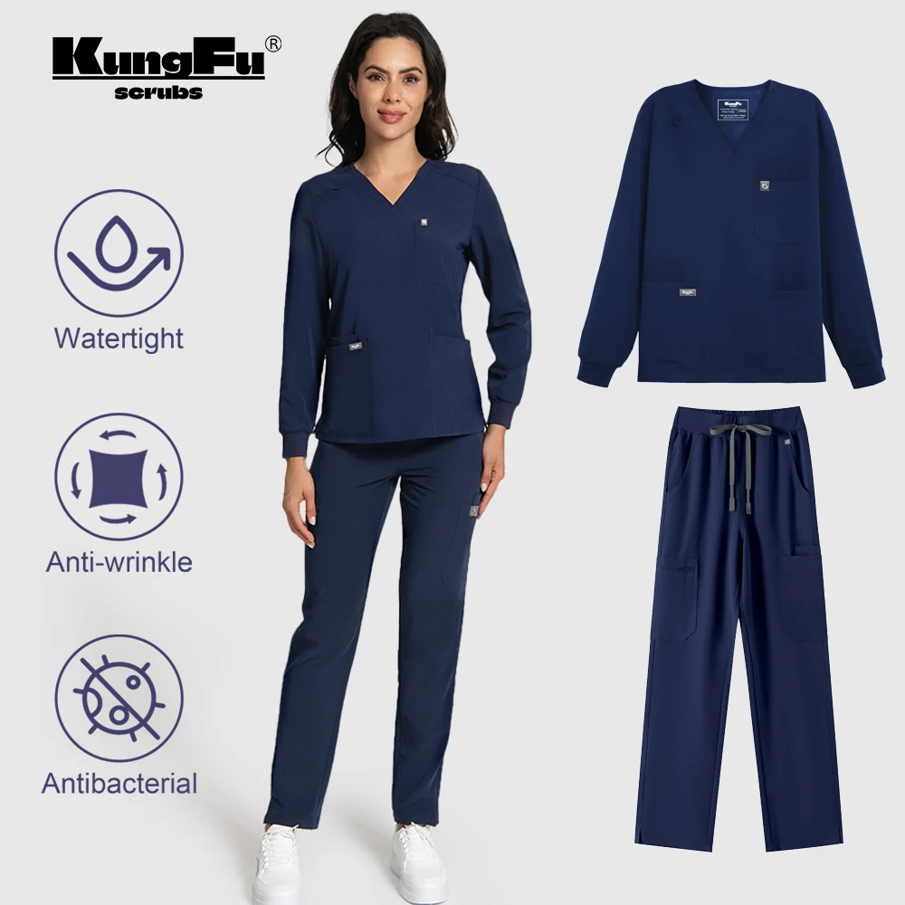 kungfu-scrubs-–-ensemble-d'uniformes-medicaux-pour-femmes-vetements-de-travail-antibacteriens-et-impermeables-haut-a-manches-longues-et-pantalon-pour-salon-de-beaute
