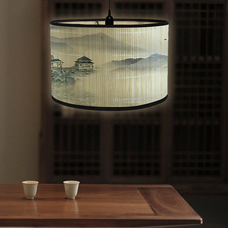 Japanese Style Lamp Shade Bamboo Art Light Shade Chinese Ink Landscape Painting Lampshade Bamboo Chandelier Wall Lamp Cover