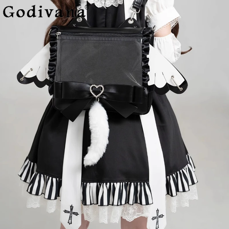 

Original Y2k Japanese Lolita Black Backpack College Style Cute Sweet Soft Girls Student Kawaii with Wings Bow Tail Handbag