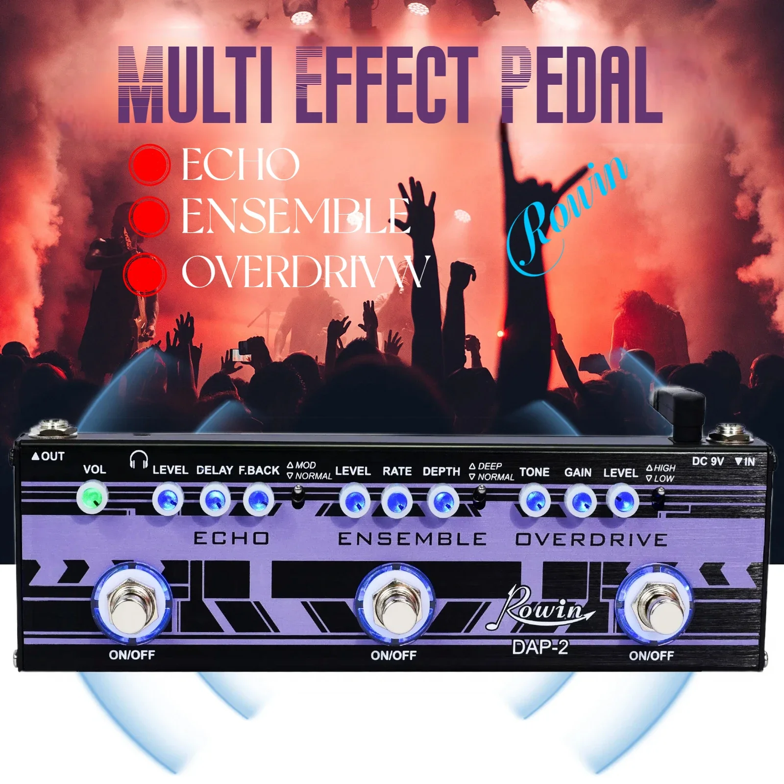 Rowin Guitar Multi Guitar Effect Pedal 3 in 1 Effects Echo Ensemble Overdrive Multi-effect  Pedals for Eleectric Guitar Bass