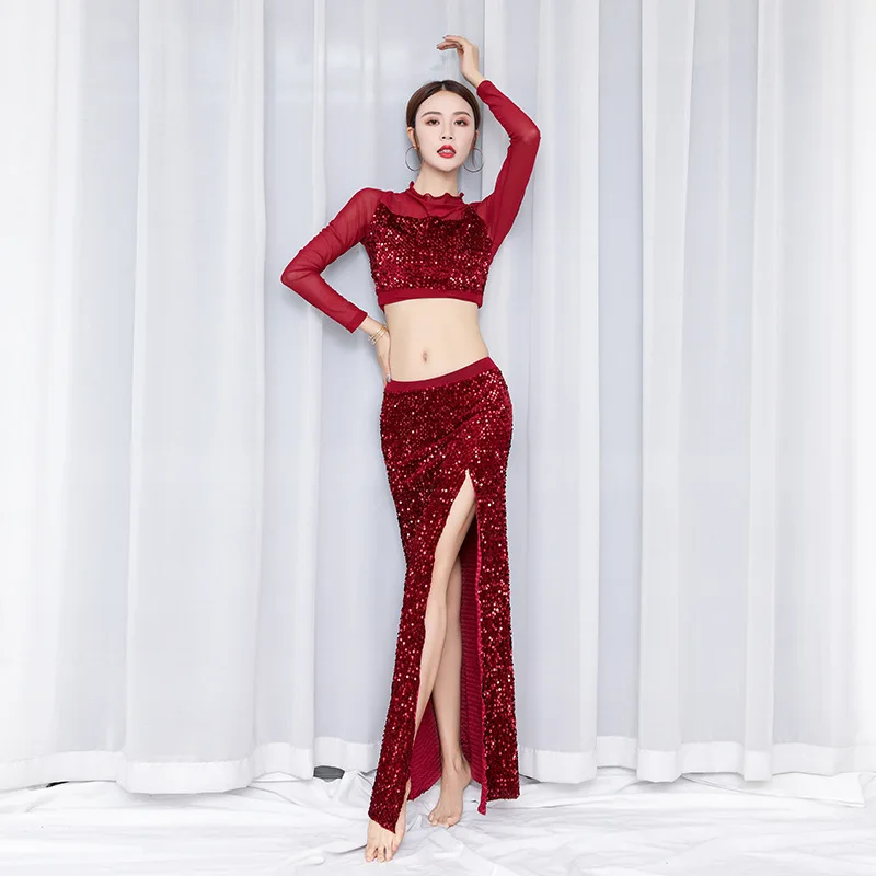 Neue Frauen Tanz Kleidung Bauchtanz Kostüm Set Funkelnden Langen Kleid Set Top Erwachsene Oriental Dance Performance Praxis Set