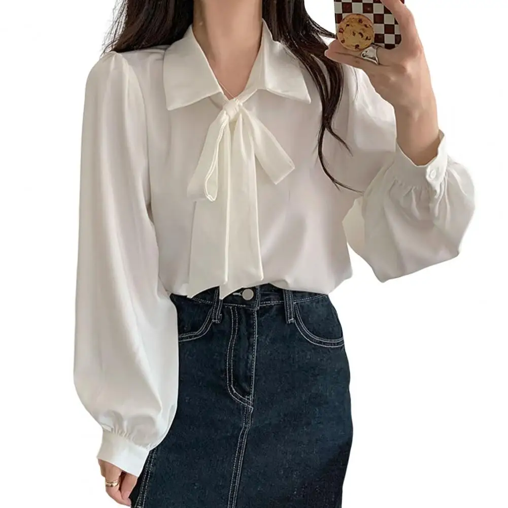 White Shirt Tie Bow Lapel Long Sleeves Women Shirt Casual Lantern Sleeve Autumn Shirt Blouse Female Clothing Women Commute OL