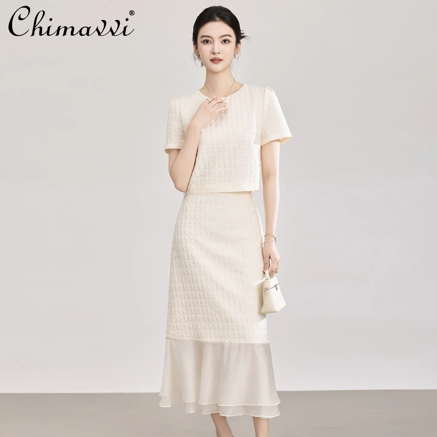 

French Elegant Socialite Commuting Outfits Round Neck Short Sleeve Crop Tops Organza Spliced Mermaid Skirt Two-Piece Sets women