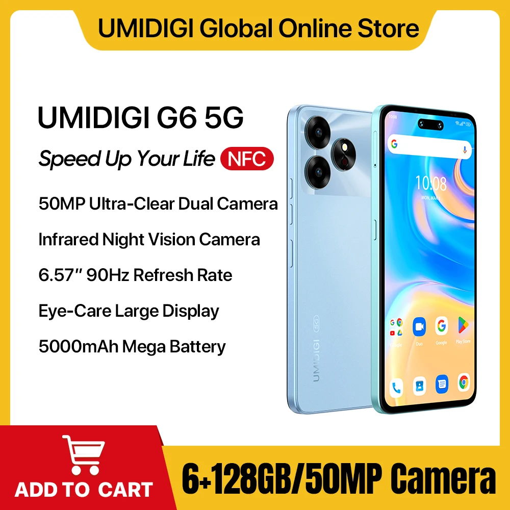 UMIDIGI-G6 5G 스마트폰, 안드로이드 13 NFC, 크기 6100 + 50MP, 5000mAh, 6.57 인치, 90Hz 휴대폰, 12GB RAM(6 + 6GB 확장), 128GB ROM 