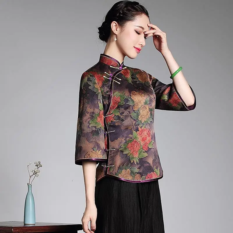 Women\'s Blouses tops 2023 Silk Fabric Prints Splicing Hollow Chinese style Long Sleeve Primer Shirt Ladies Skinny Shirts