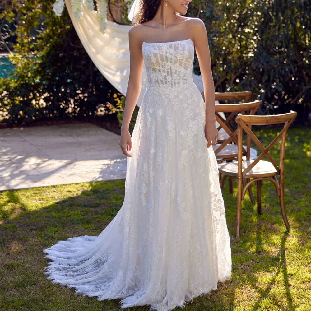 ชุดแต่งงานลูกไม้แบบคอร์เซ็ทสั่งตัดได้ ทรงเอไลน์ สายเดี่ยว สำหรับฤดูร้อน ชุดเจ้าสาวแบบผูกเชือก ชายกระโปรงยาวลากพื้น