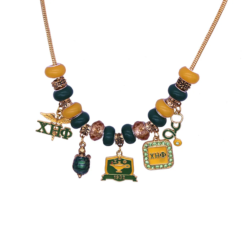 New Arrival Stylish European Styles Green Yellow Big Holes Beads Greek XHO Sorority Caduceus EST 1932 Chi ETA Phi Necklaces