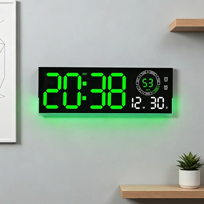 Große digitale Wanduhr mit 8-Farben-Stimmungslicht, Fernbedienung, Timer, Datum und Temperaturanzeige, 10-stufige Helligkeitsregelung, LED-Wecker für das Wohnzimmer