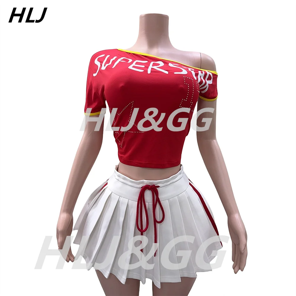 HLJ Fashion Y2K Letter Print Pleated Mini Skirts Two Piece Sets Women V Neck Short Sleeve Crop Top And Skirts Outfits Streetwear