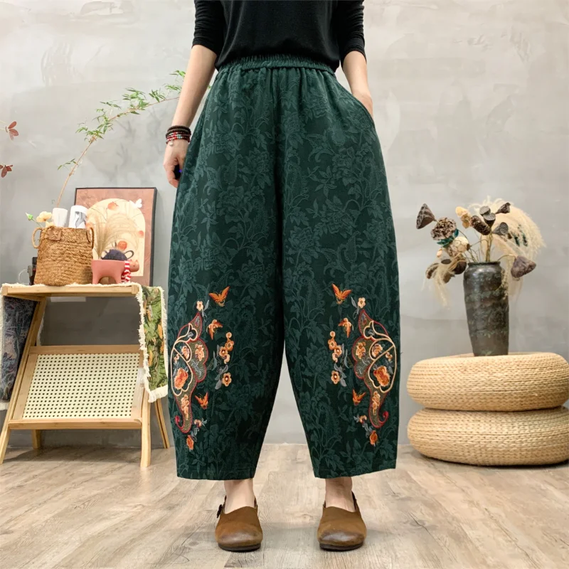 

Женские темно-синие брюки с цветочной вышивкой, широкие штанины, высокая талия, эластичный пояс, повседневный свободный крой, в этническом стиле