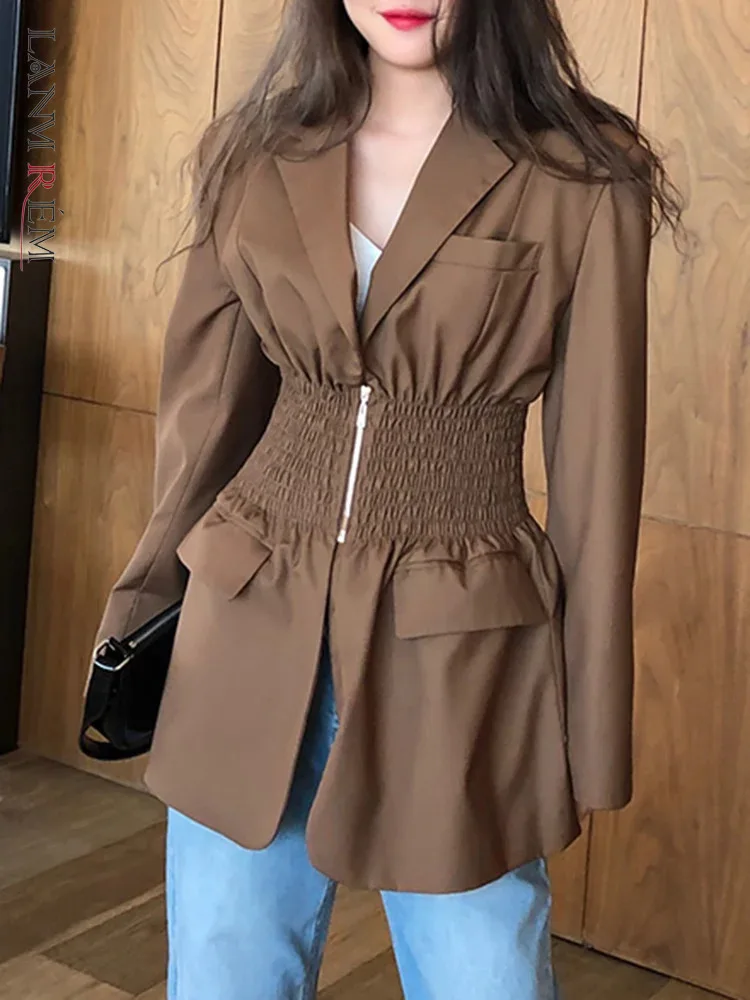 

[LANMREM] Zipper Gathered Waist Office Lady Blazers For Women Long Sleeve Fashion Female Coats Brown 2024 Autumn New CP2944