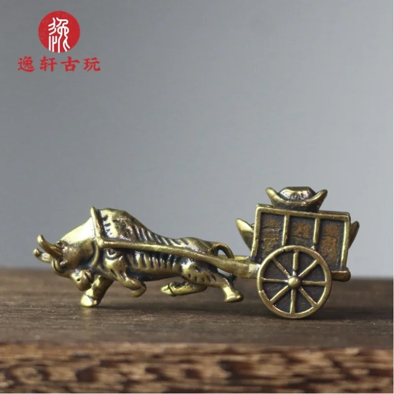 Solid cow-drawn carriage ornament, mini vintage-style copper piece, niche study desk decoration with hanging rope