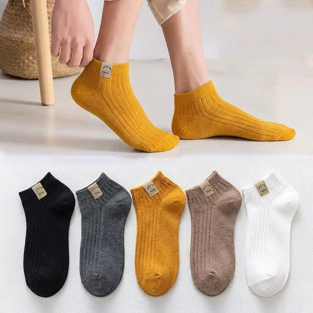 5 Pairs Ribbed Knit Men's Ankle Socks Solid Color Elastic Cuff No Show Socks Breathable Sweat-absorbing Low Cut Ankle Socks