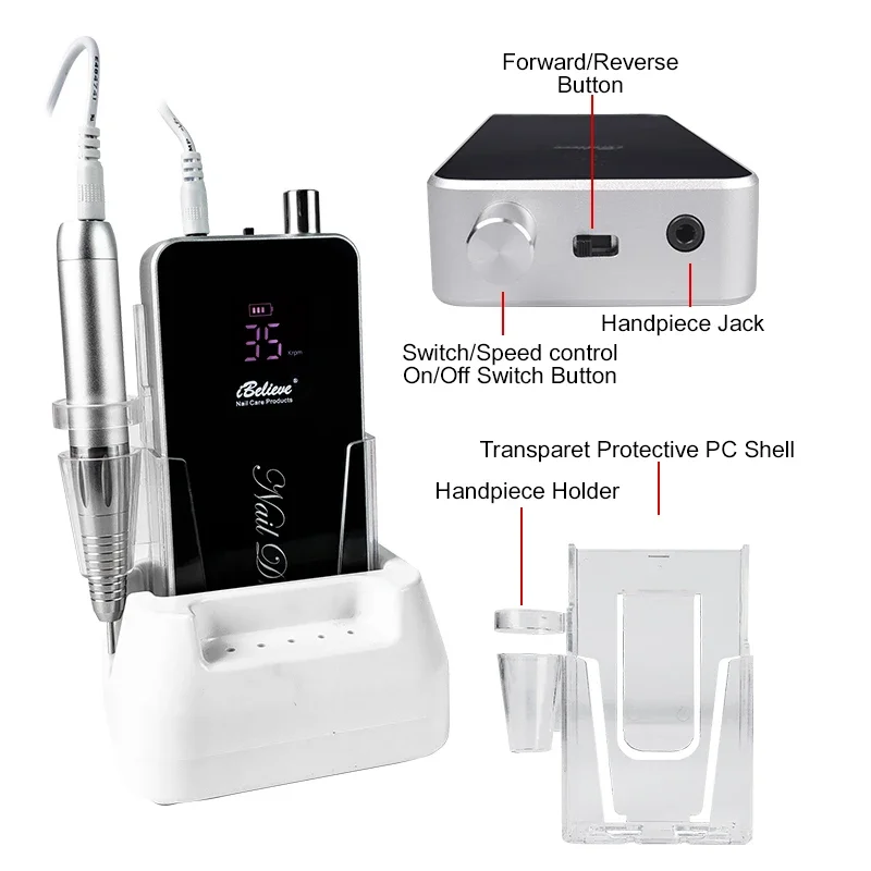 Hot Sale Equipments Professional 35000 rpm Vibration Free Coreless Handpiece Rechargeable Nail Drill Nail Kit With Charging Base