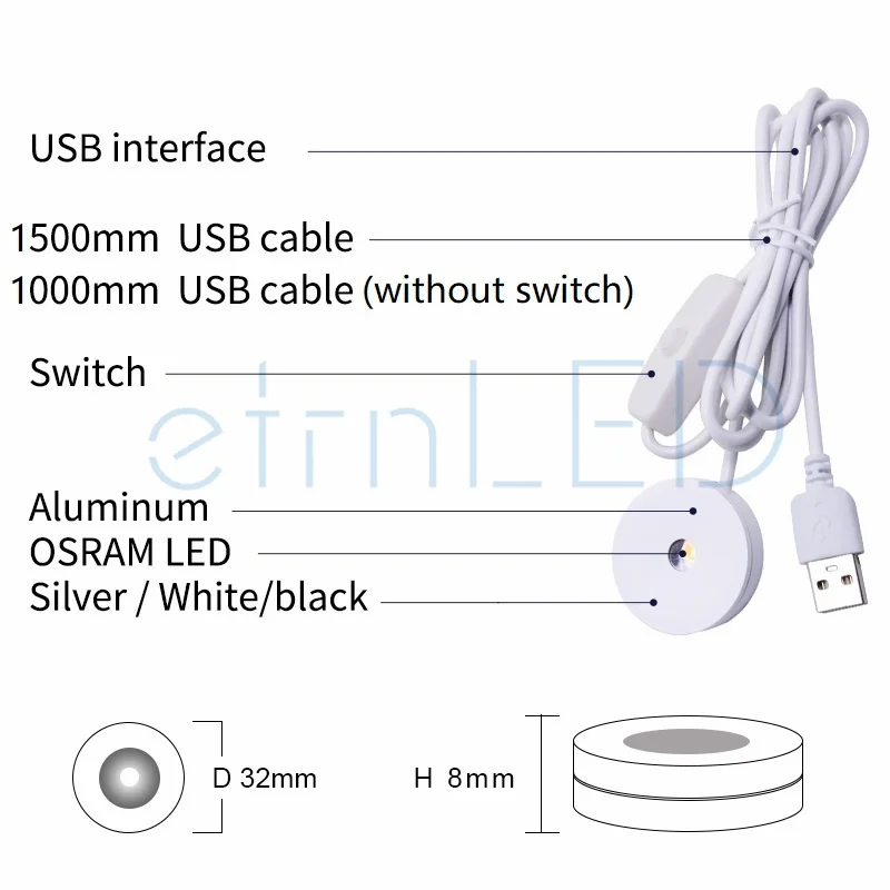 EtrnLED-USB LED Mini Spotlight, Luz Montada em Superfície Redonda, Visor do Gabinete, Vitrine, Pequena Lâmpada, Ponto de Teto, Casa, Preto, Branco,