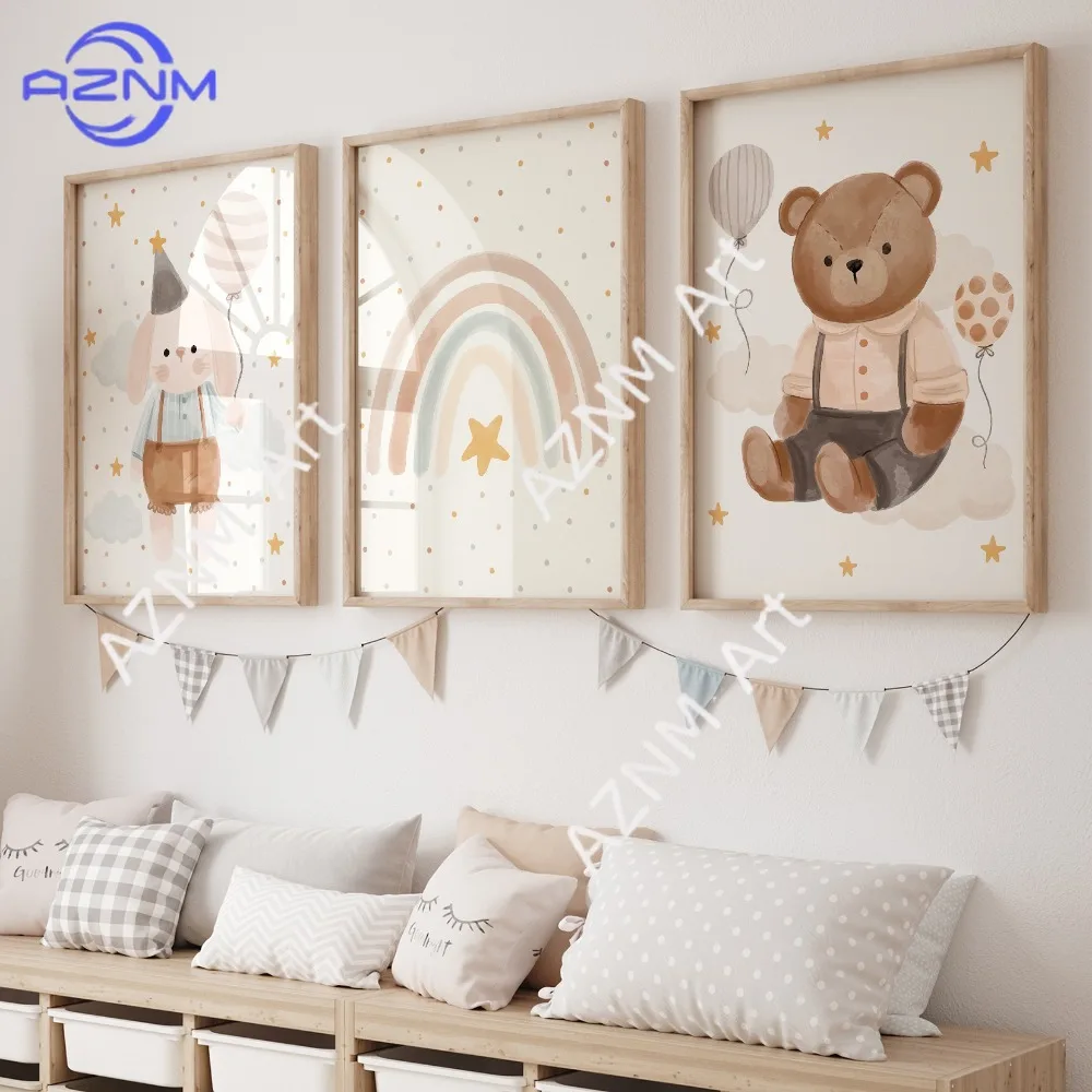 1Pc/3Pcs Cartoon Children Rainbow Rabbit Teddy Bear Wall Art Prints Canvas Painting Poster Picture For Living Room Home Decor