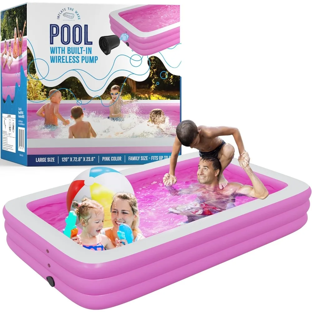 

Pink Inflatable Swimming Pool (120" x 72.8" x 23.6") Built-in Air Pump Inflatable Kiddie Pool, Family Pools for Kids