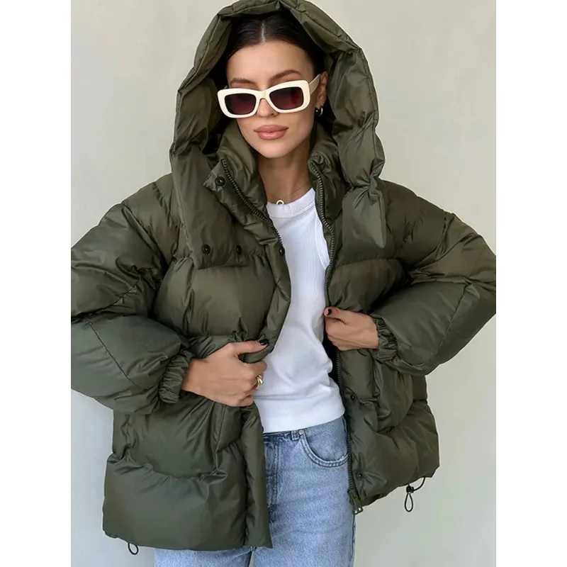 

Hoodie Cotton Jackets Women Loose High Neck Long Sleeves Big Pockets Solid Parka FemaleWinter Warm Chic Outwears Lady