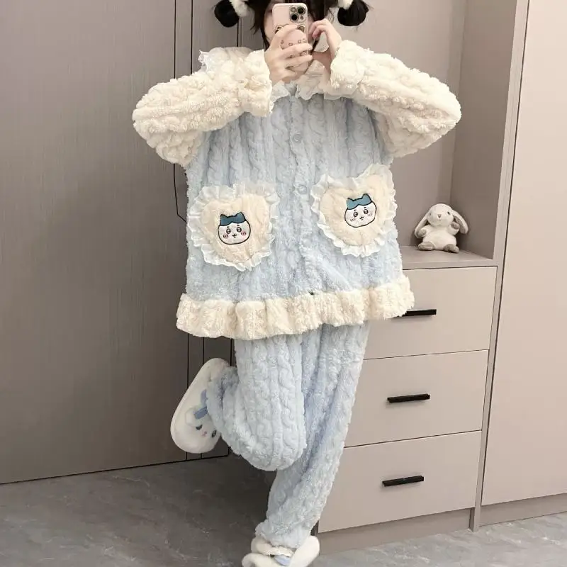 Miniso Girl Coral Fleece Winter Square Collar Thickening Pajama Set Kawaii Chiikawa Comic Student Fashion Keep Warm Leisure Wear