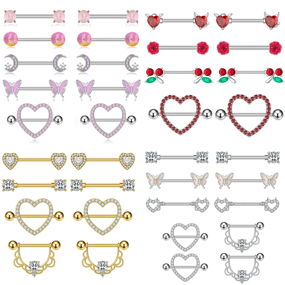 14G Edelstahl Nippelpiercing Set Nippelringe Barbell Pack Rote Kirsche Kuchen Nippel Schmuck Bulk Kristall Nippelpiercings – Detail 2