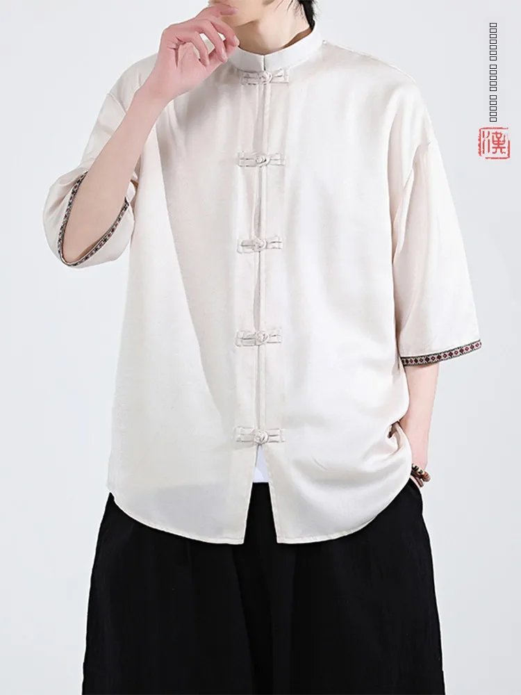 

Ice Silk ort Sve irt Men's Summer Thin Five Sve irt New Chinese Sle Button up Top Wind Tang Costume Hanfu