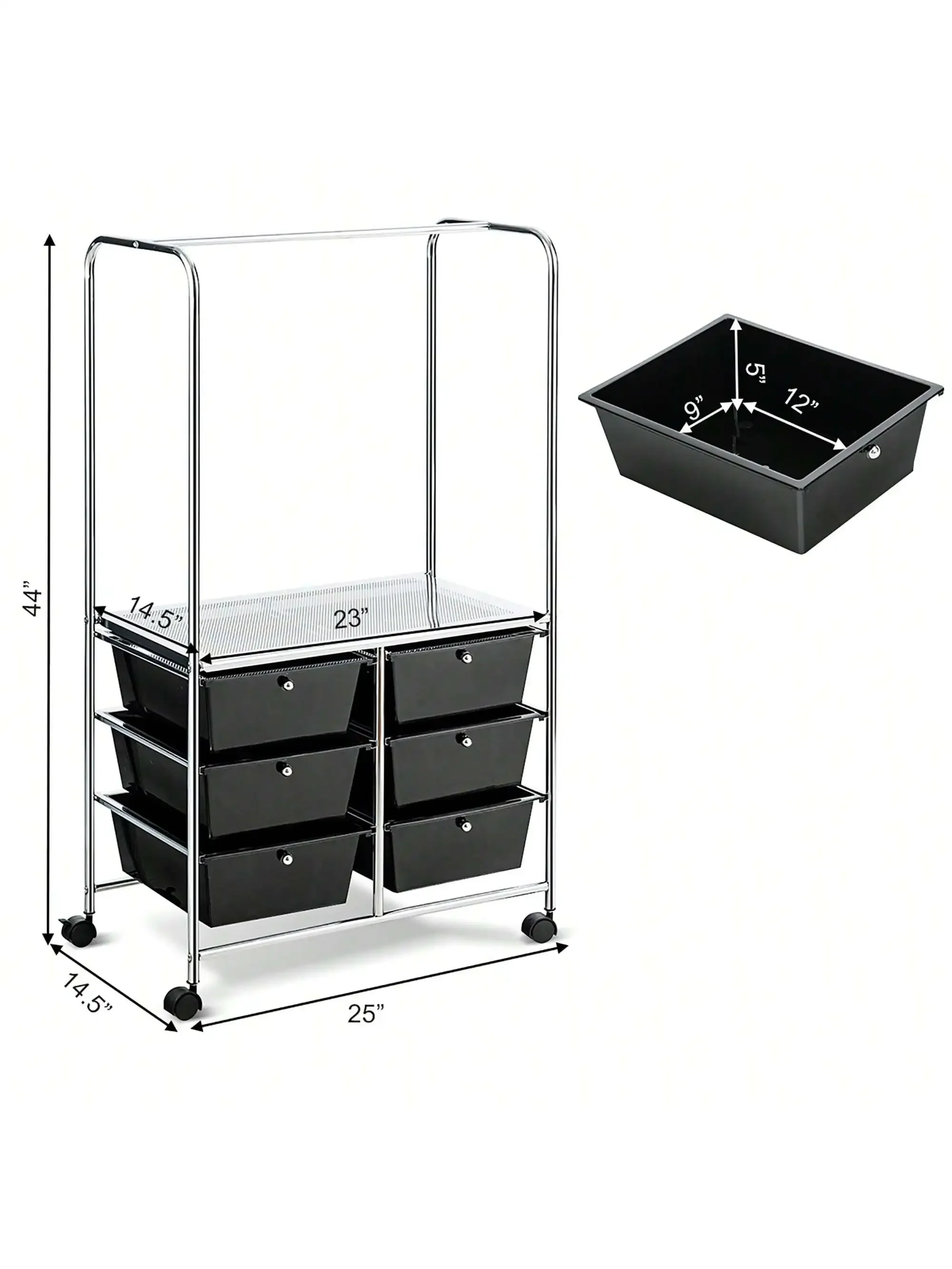 6 Drawer Rolling Storage Cart w/Hanging Bar Office School Organizer storage drawers, Storage Shelf