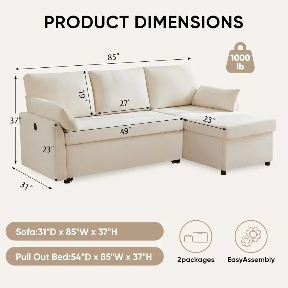 85 L-Shaped Sectional Sofa with Pull-Out Sleeper, Reversible Chaise, Storage, and USB/Type-C Ports in Beige Chenille