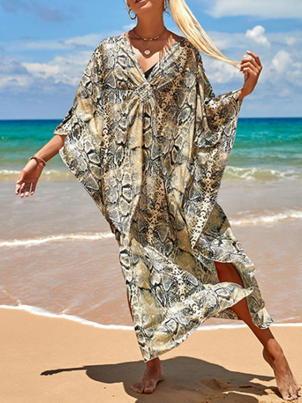 2024 Leopard Print Knitted Beach Cover Up Dress Tunic Long Pareos Bikinis Cover Ups Swim Cover Up Robe Plage Beachwear