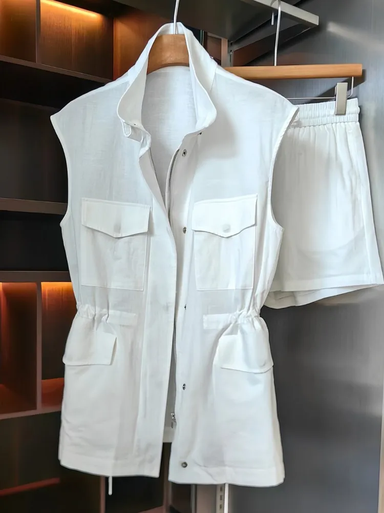 Summer Women Breathable Linen Shirt Sets O-Neck Sleeveless Loose Fit Single Breasted Top Outfits Drawstring Shorts Two-Piece Set