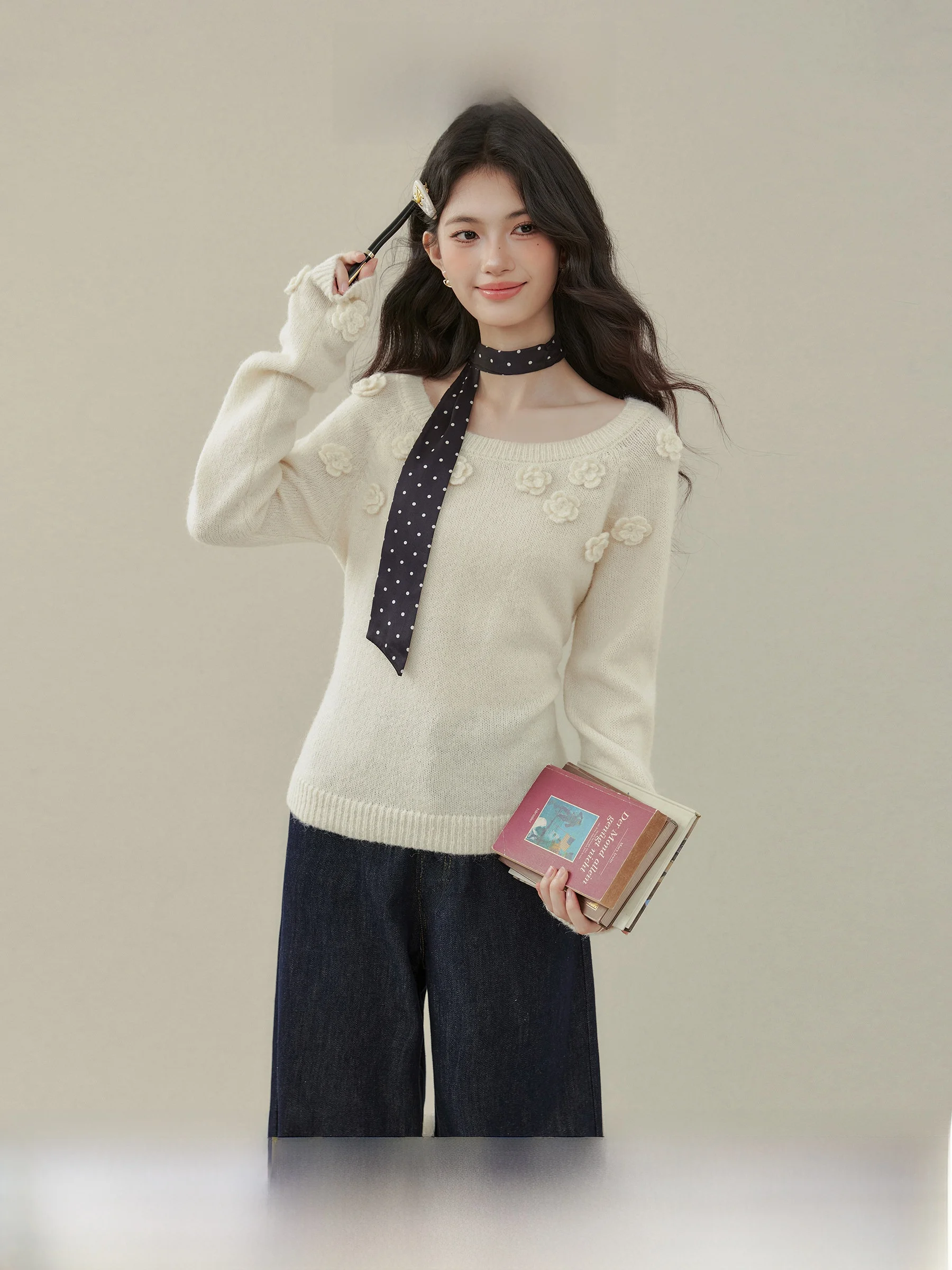 

Ele Long Sve Knitted Sweater Women's Base Layer Slim Fit Rose Decorated Casual Sle Autumn Top Roof Garden Series