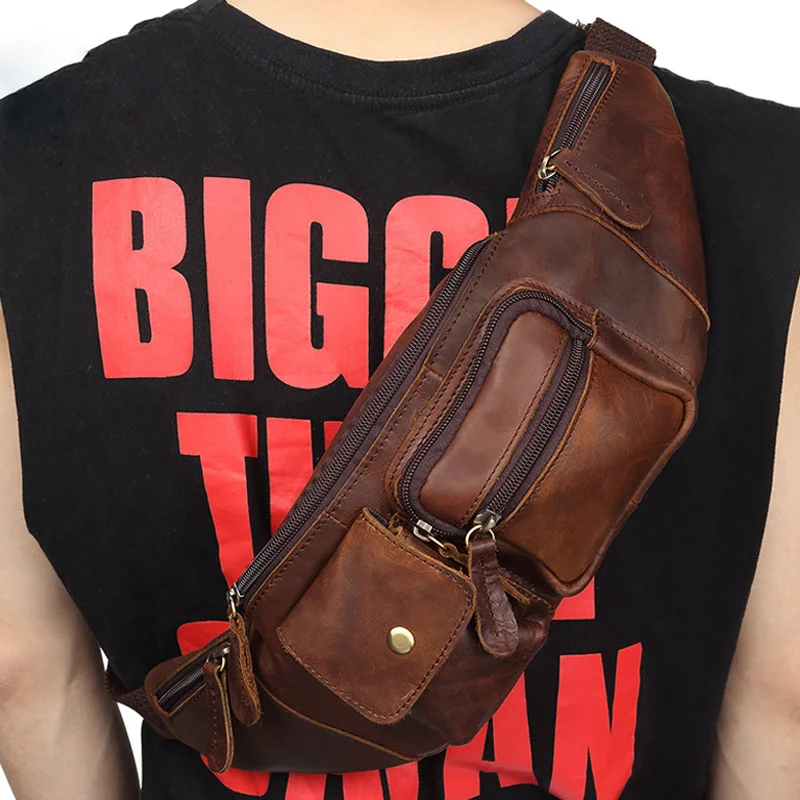 Adjustable Strap Wast Packs Outdoor Sports Casual Use Multiple Zipper Button Pockets Vintage Genuine Cow Leather Waist Bag Men