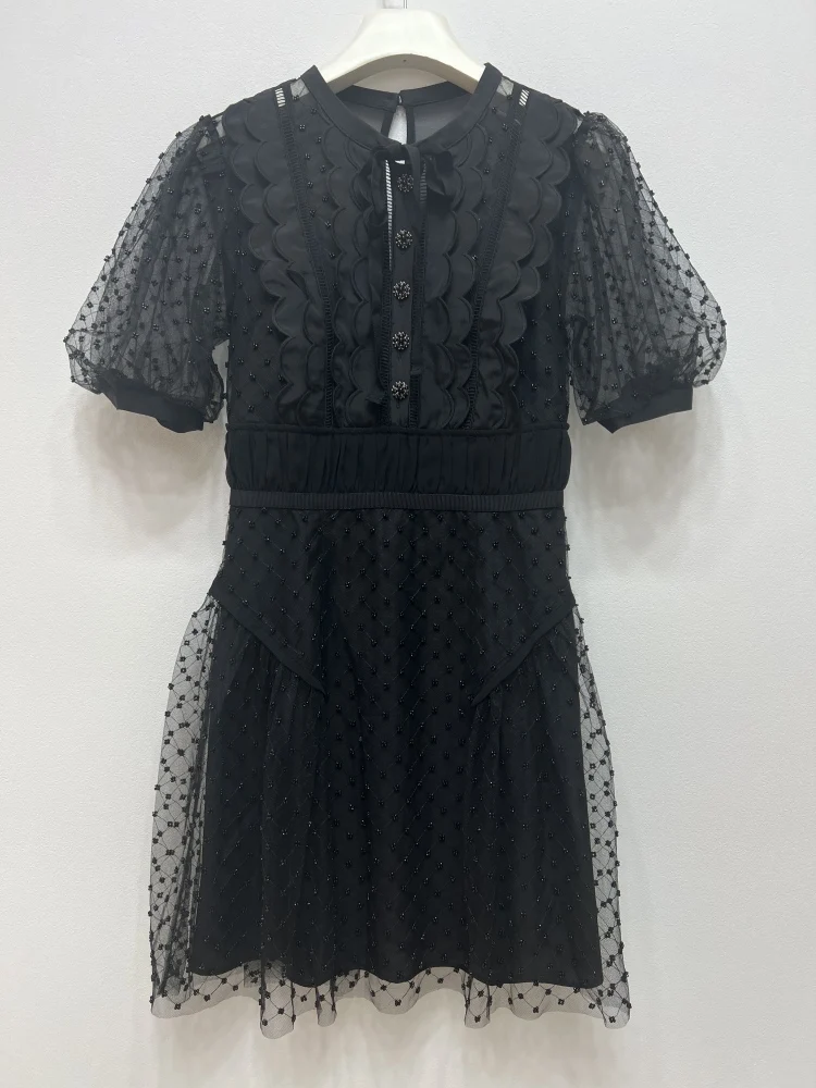 

2022 Summer France Style Vintage Black Dress Fashion Women's High Quality Beading Mesh-dress A805